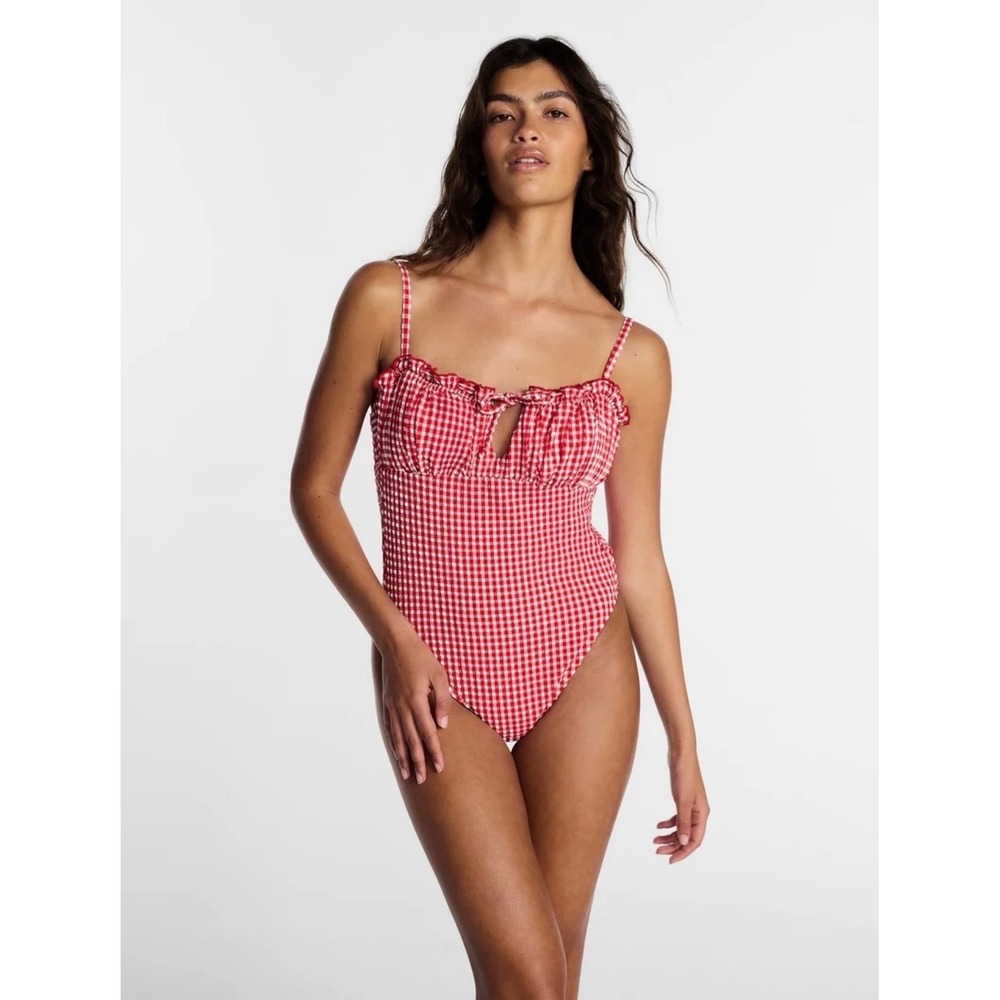 Lee Red Gingham Ruffle One Piece Swimsuit Seersucker Keyhole Tie XL 16-18